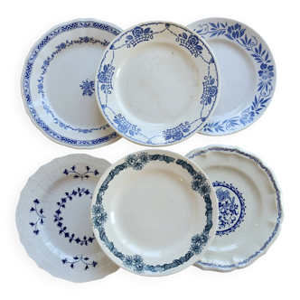 6 mismatched vintage blue and white ironstone dinner plates