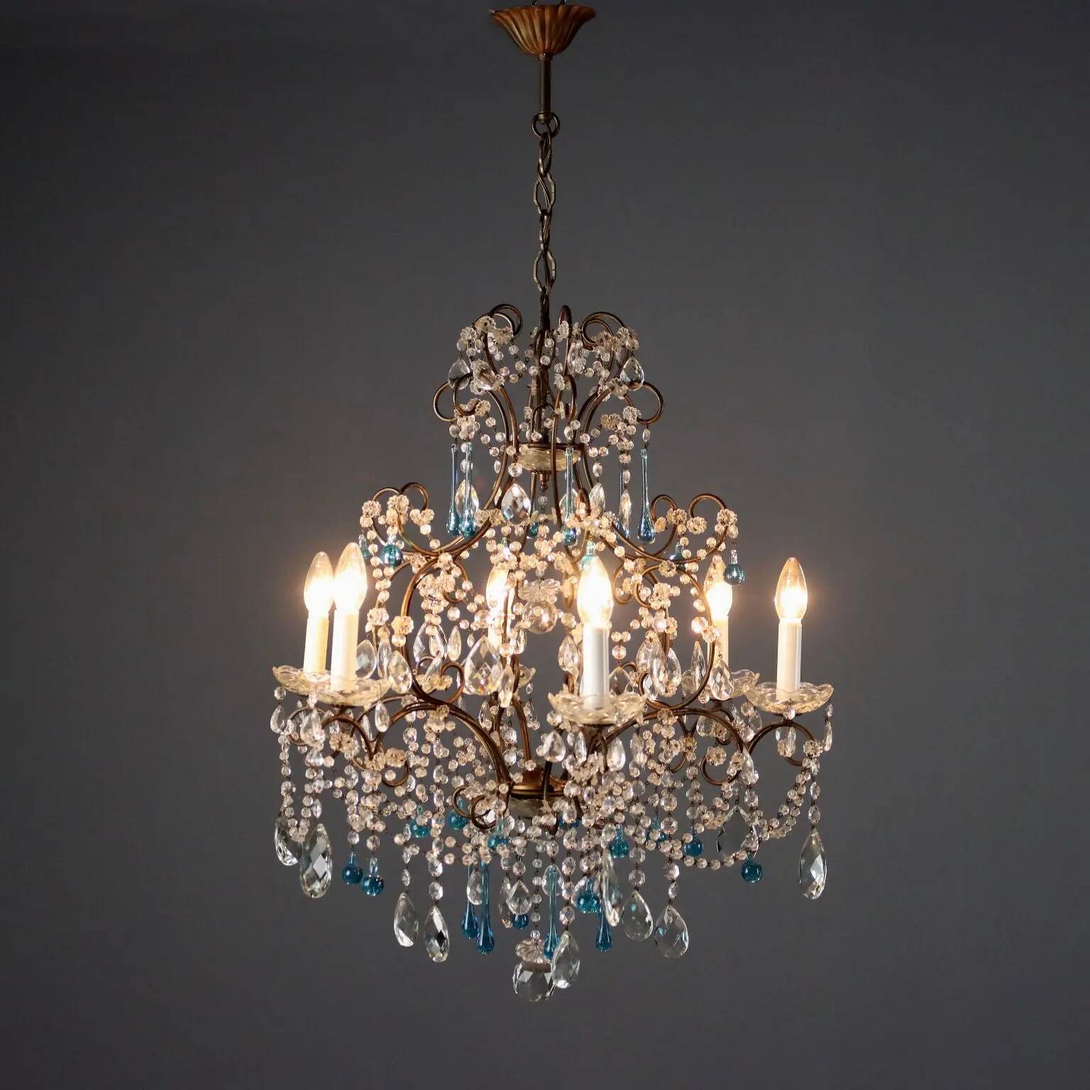 Pair of antique chandeliers in burnished iron and glass, 6 lights, Italy, 19th century.