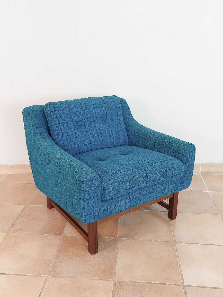 Norwegian living room set in blue fabric, vintage scandinavian 1960s