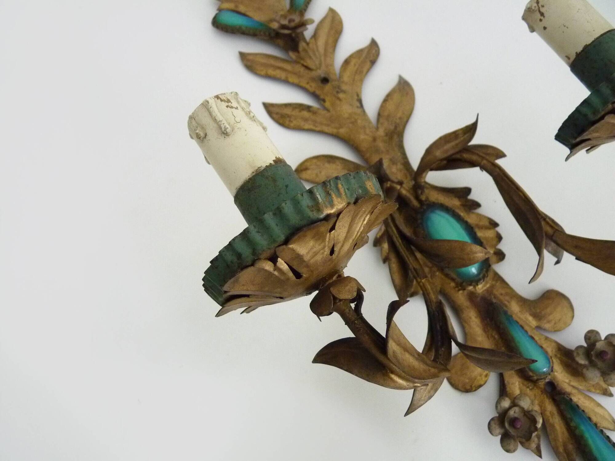 Pair of gold metal wall lights with turquoise glass inlay. 70