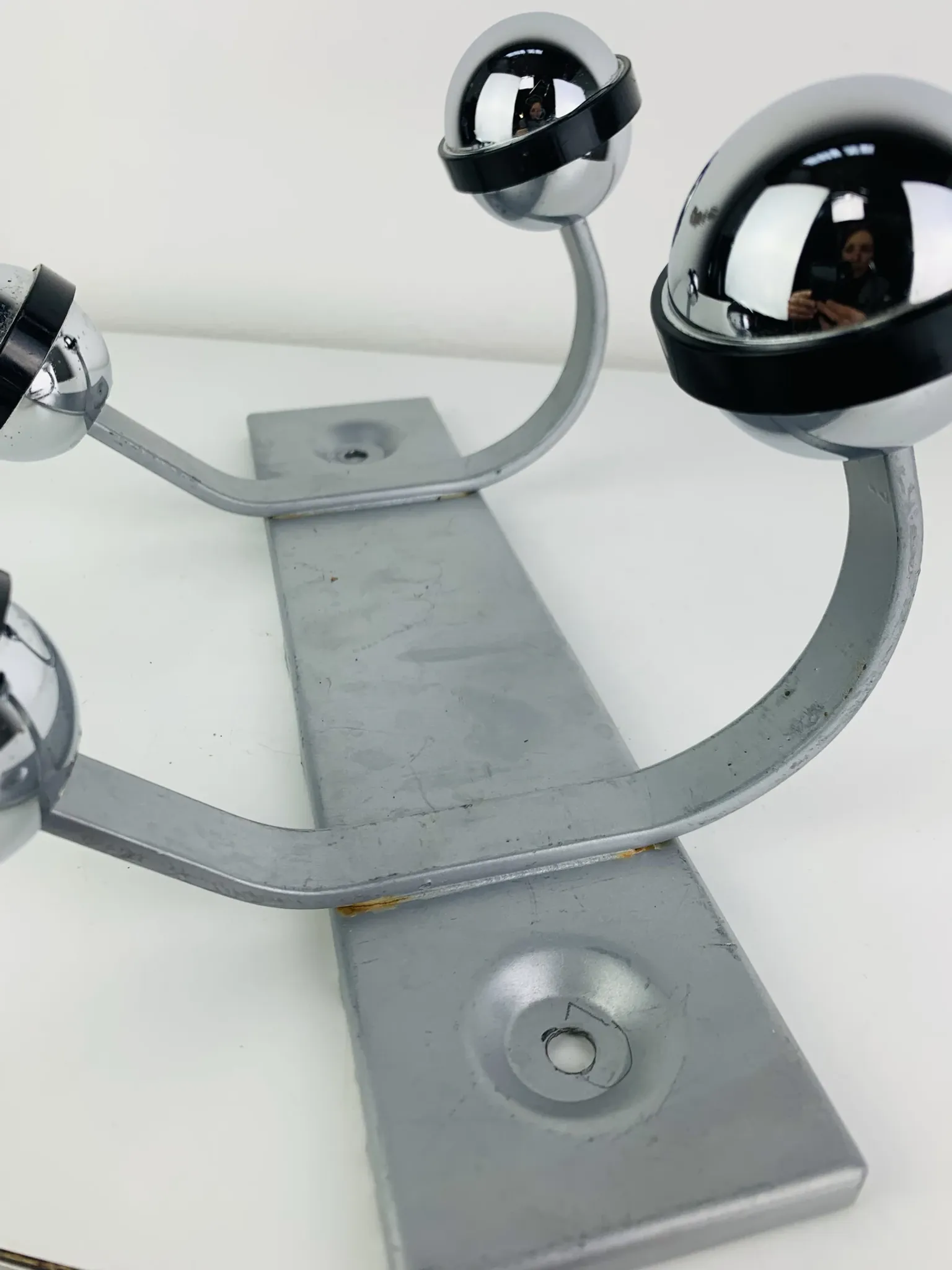 Wall-mounted coat rack, double chrome and grey metal hook, vintage