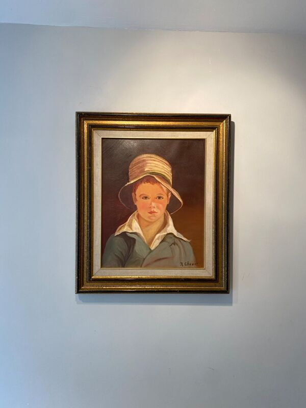 Portrait du garçon au chapeau de paille années 70/80, signé