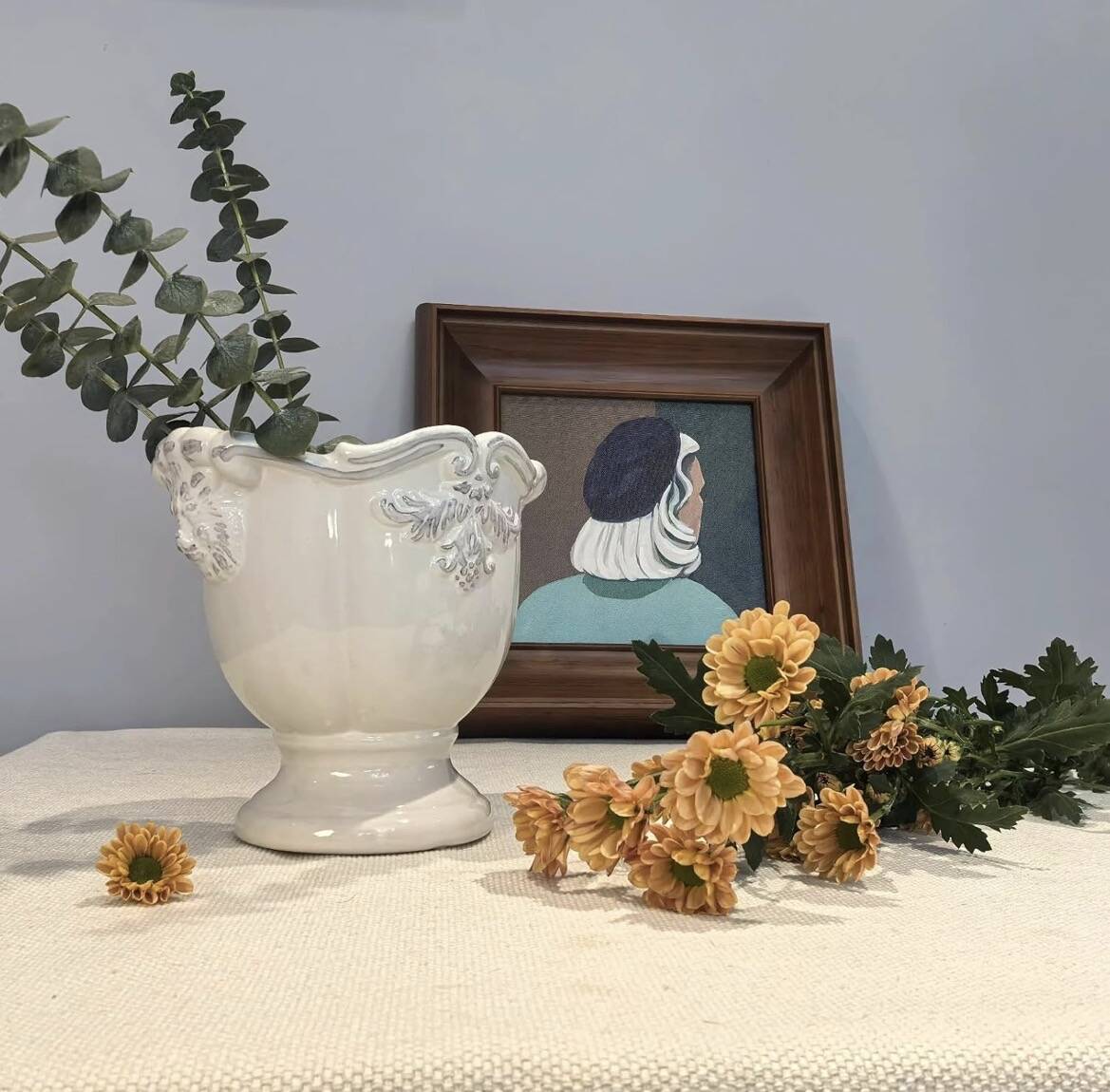 White glazed ceramic urn vase — baroque relief decor — Gustavian / sha