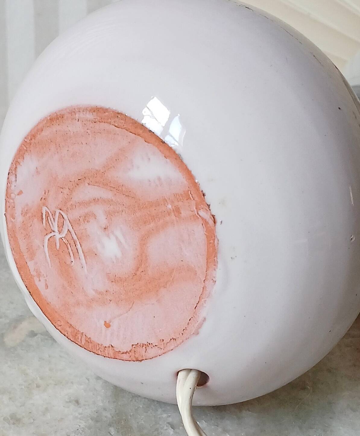 Enamelled terracotta lamp signed, pleated lampshade 1960