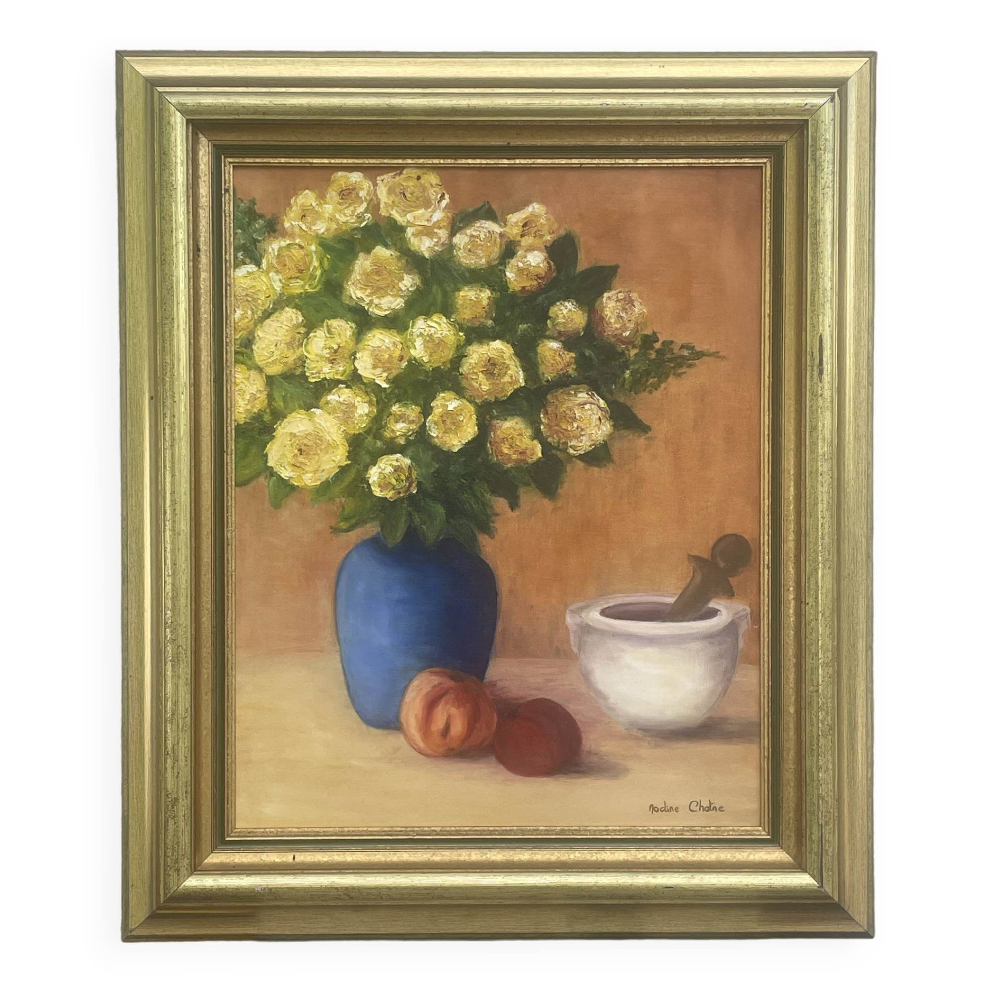 Painting Oil canvas mounted on panel, Still life with bouquet Nadine Chatre
