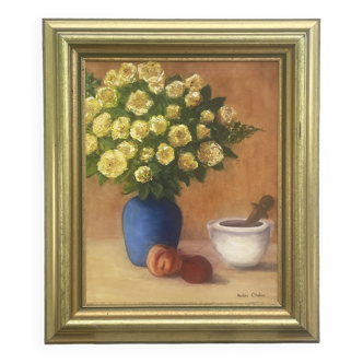Painting Oil canvas mounted on panel, Still life with bouquet Nadine Chatre