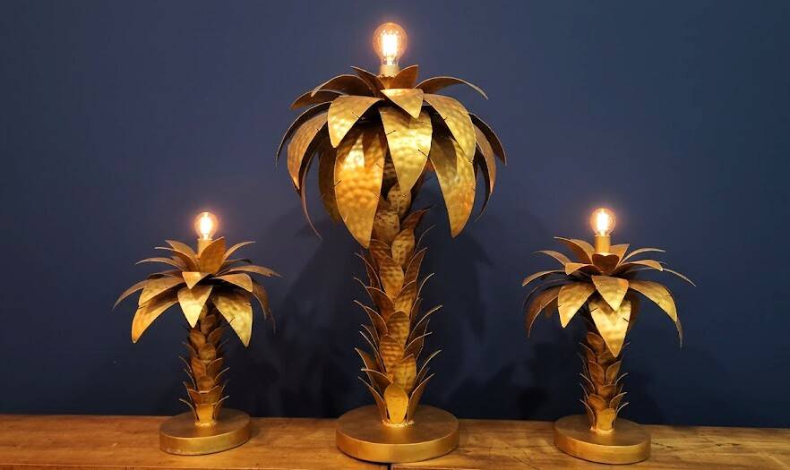 Hollywood Regency Palm Tree Lamp Trio – Hammered Gold Metal