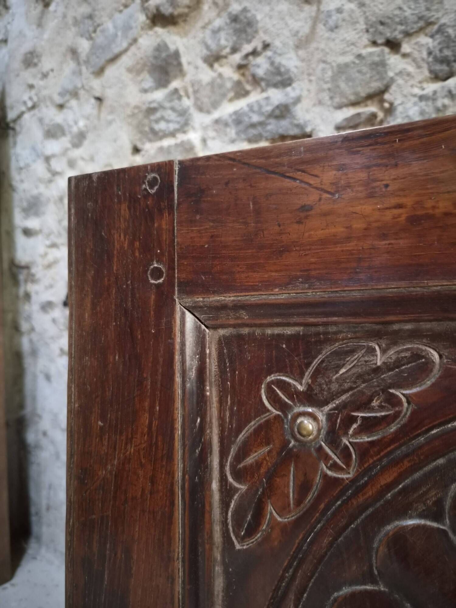 Old French popular art bench from Auvergne, circa 1800–1850