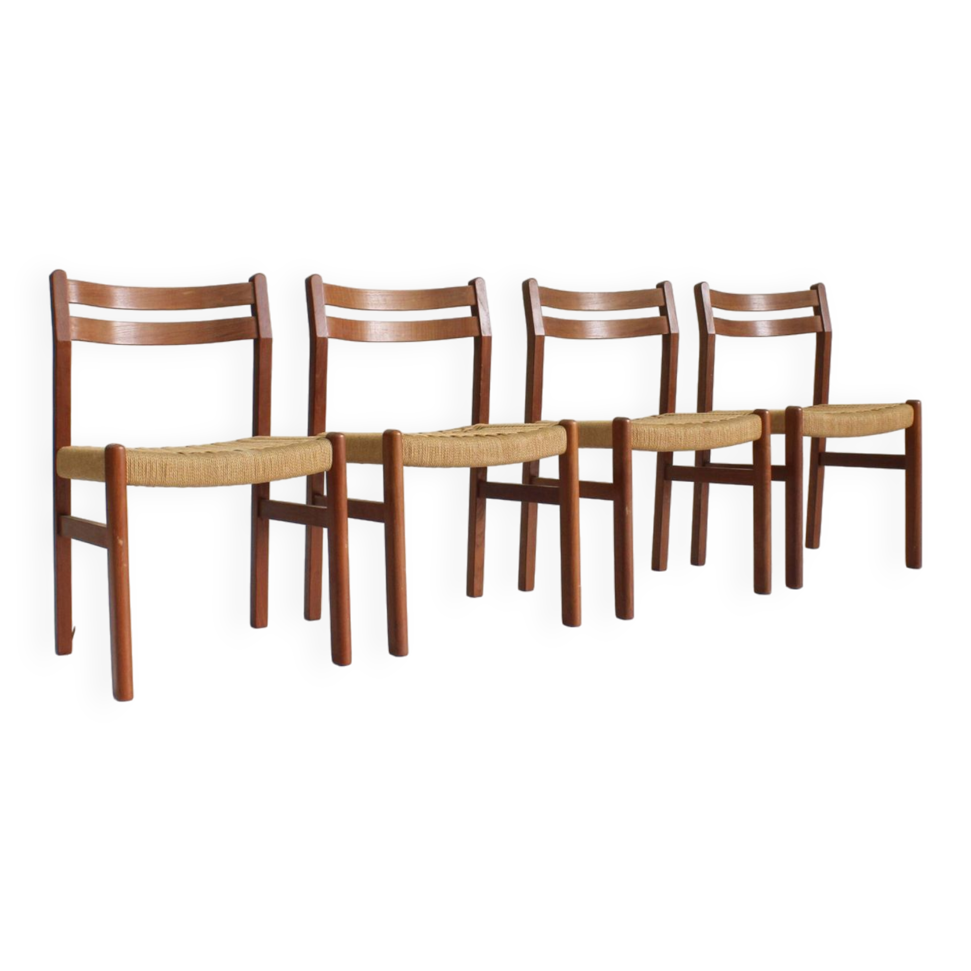Mid Century Danish teak and paper cord dining chairs 1960s , set of 4