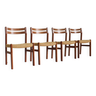 Mid Century Danish teak and paper cord dining chairs 1960s , set of 4