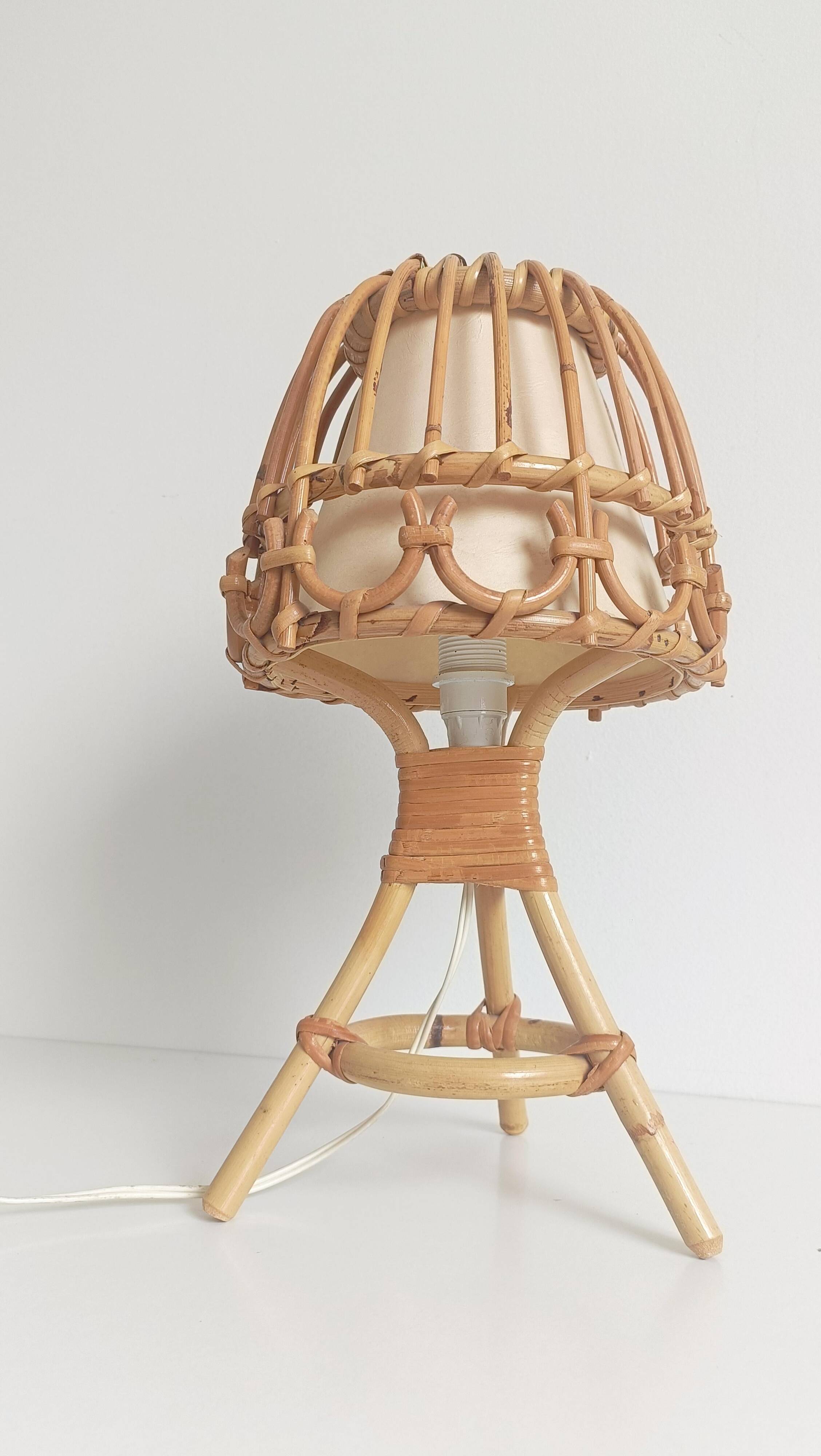 Midcentury Bamboo and Rattan Table Lamp, Attributed to Louis Sognot