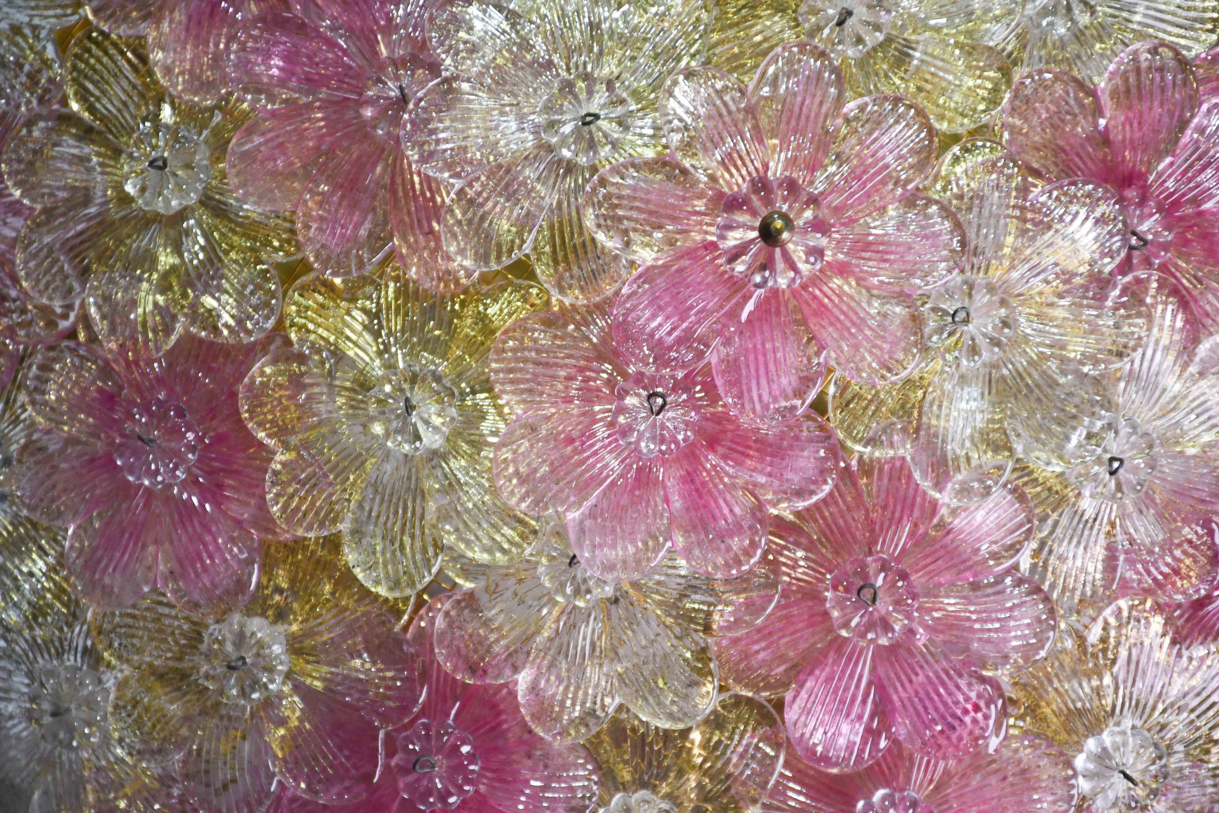 Amazing Pink and Gold Large Size Murano Ceiling Light Flower by Seguso