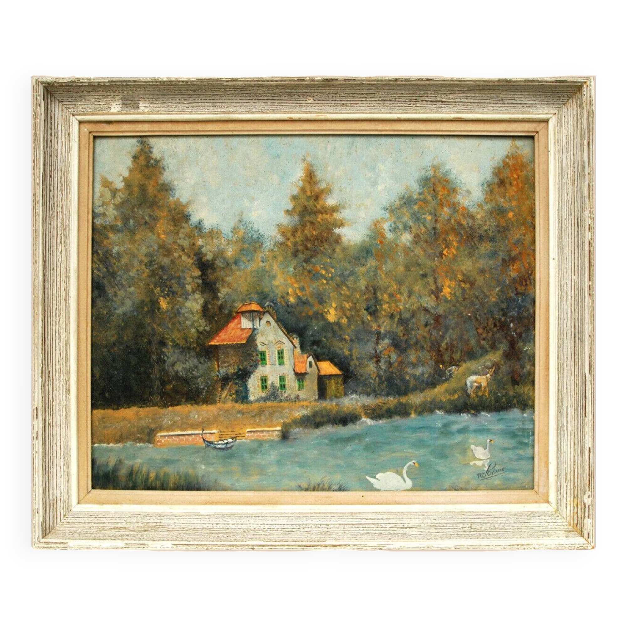 Peinture à l'huile Forêt, vieille maison, animaux sauvages et cygnes sur l'eau