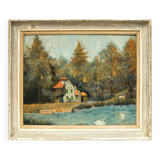 Peinture à l'huile Forêt, vieille maison, animaux sauvages et cygnes sur l'eau