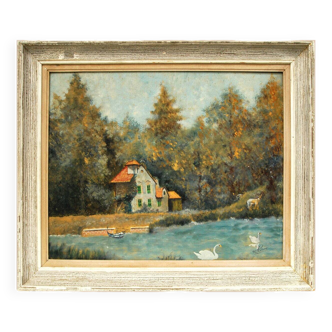 Peinture à l'huile Forêt, vieille maison, animaux sauvages et cygnes sur l'eau