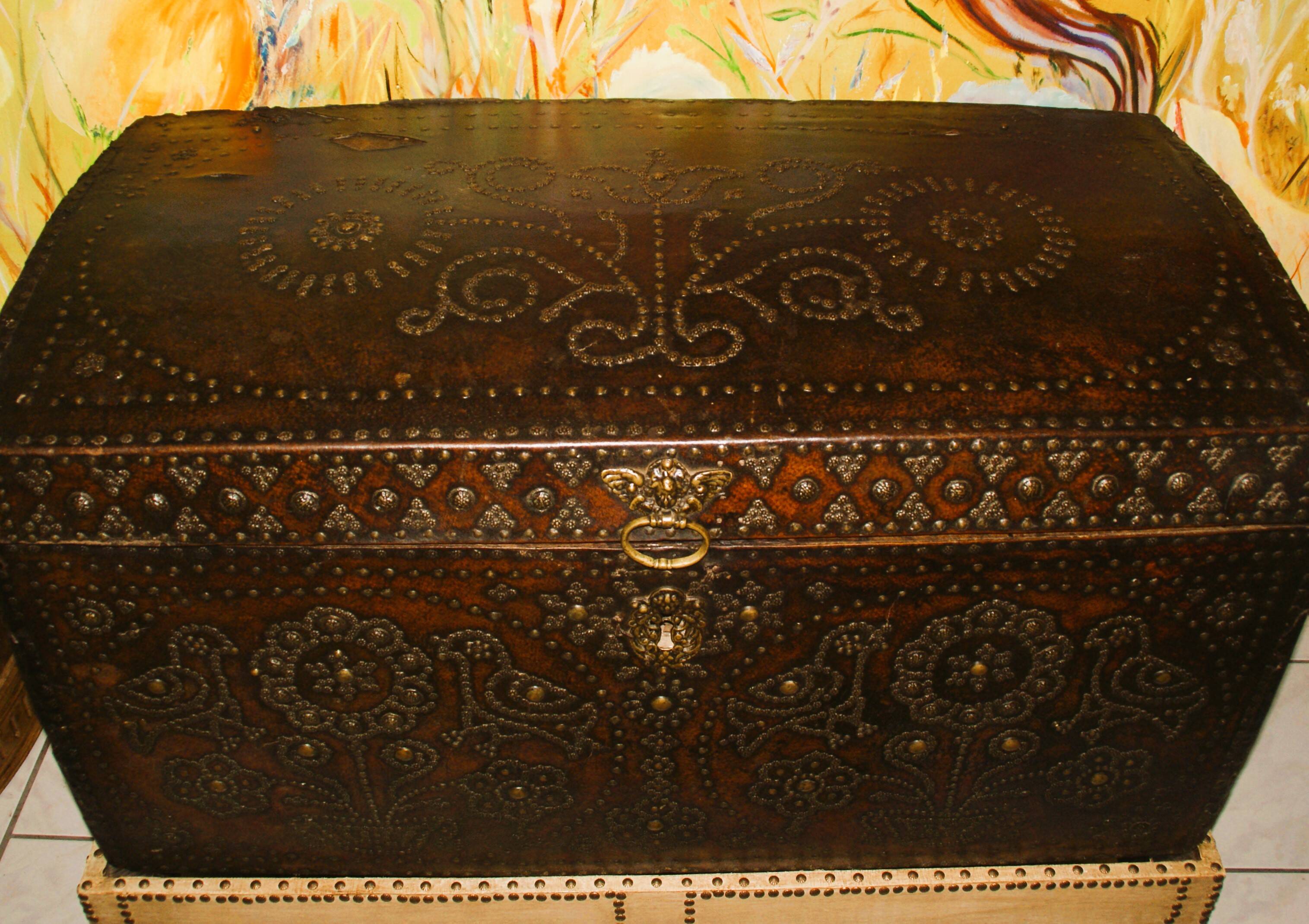 17th century studded leather travel trunk, richly decorated