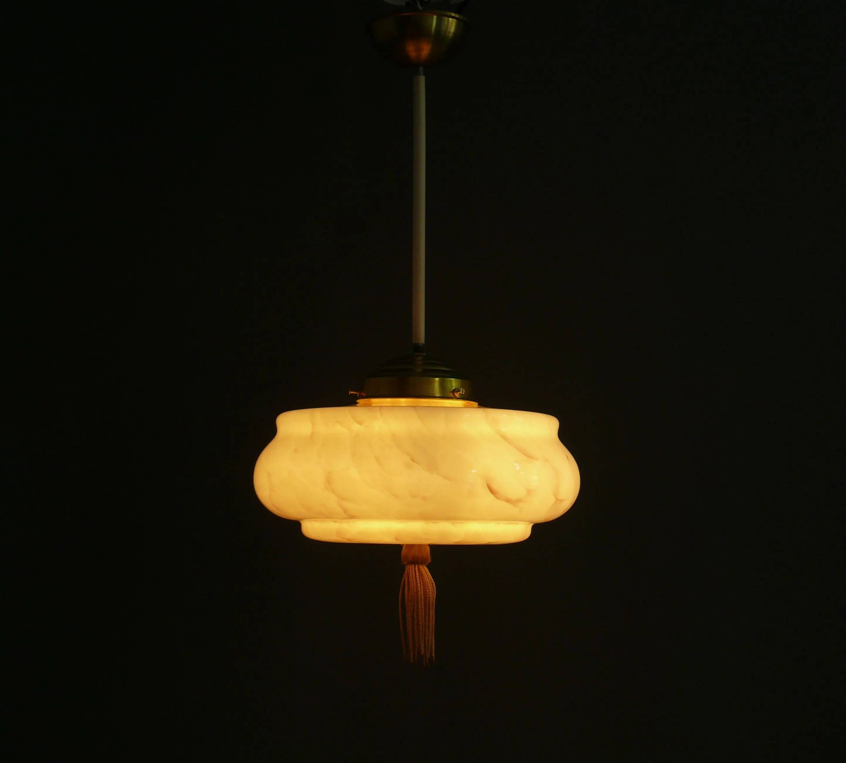 Art Deco Stab-Pendant Light with Marbled Glass Shade, Germany 1930s