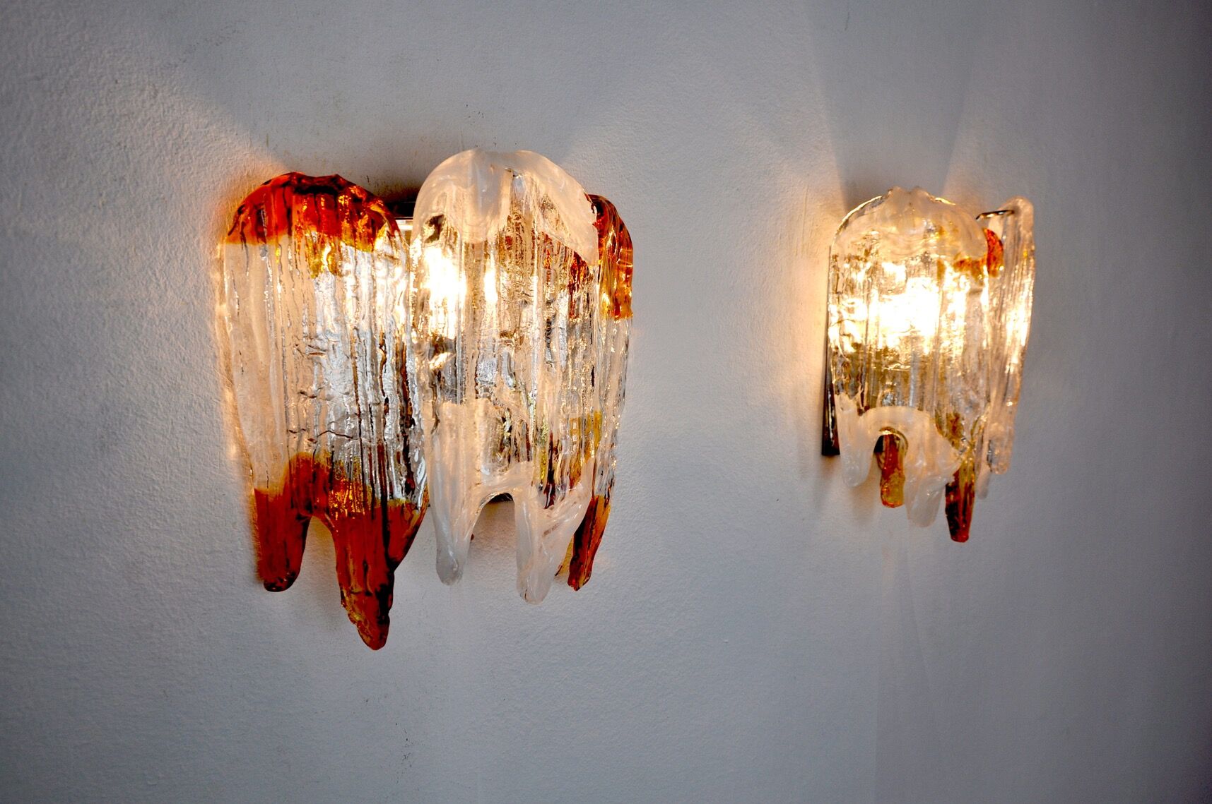Pair of wall lamps, orange Murano glass, Italy, 1960