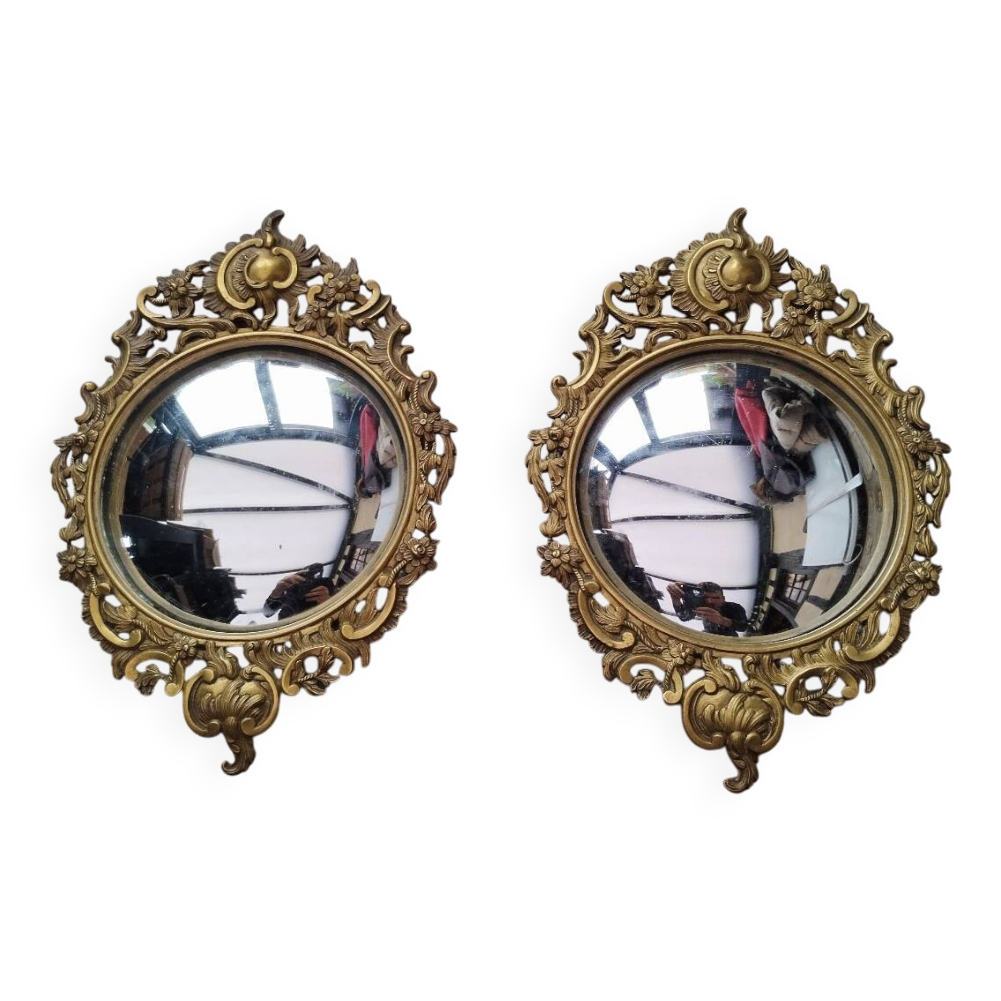 Paire de miroirs sorcière ancien verre bombé et bronze