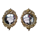 Paire de miroirs sorcière ancien verre bombé et bronze