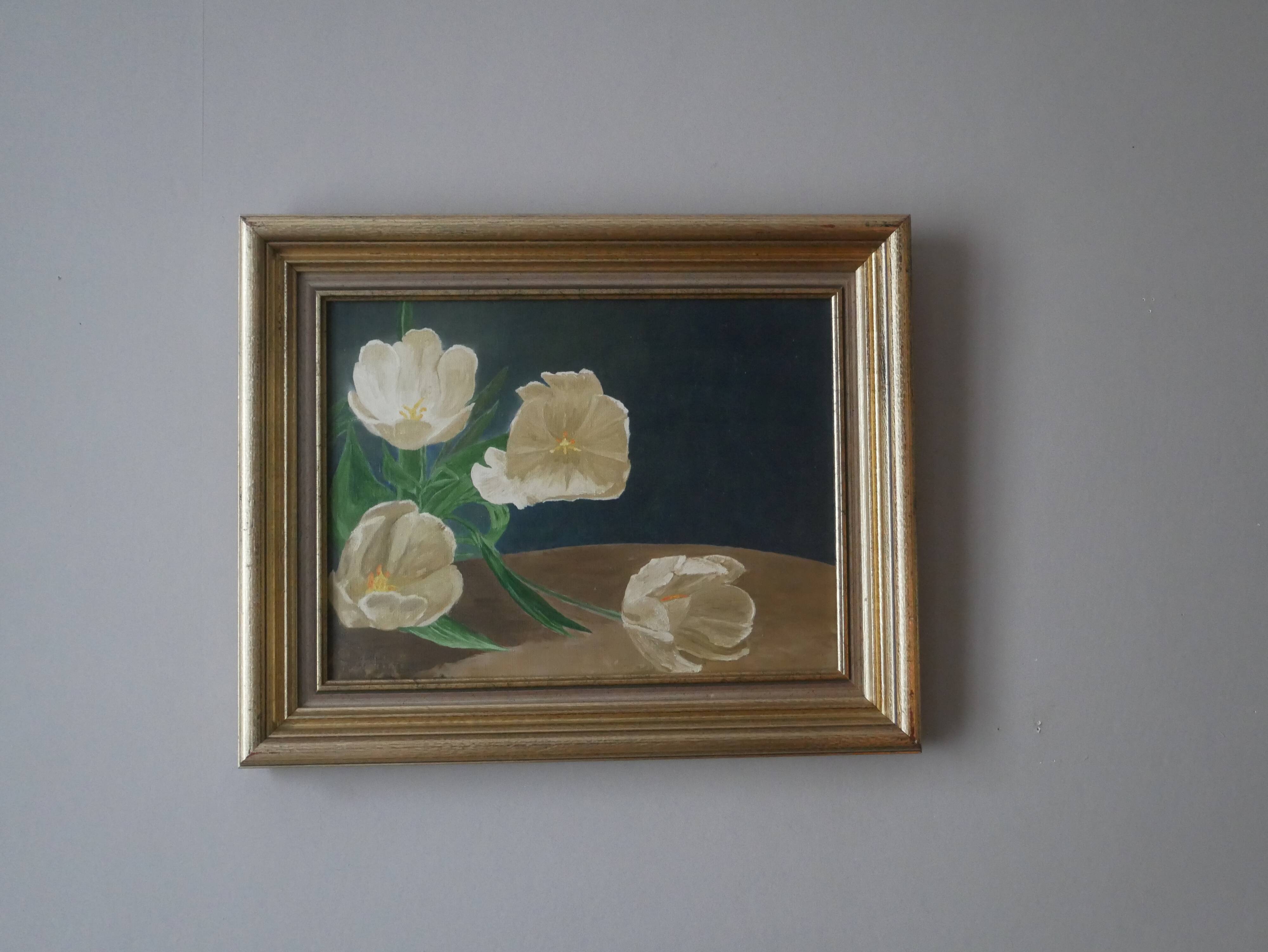 Oil painting on canvas "late tulip" gilded frame still life 1997