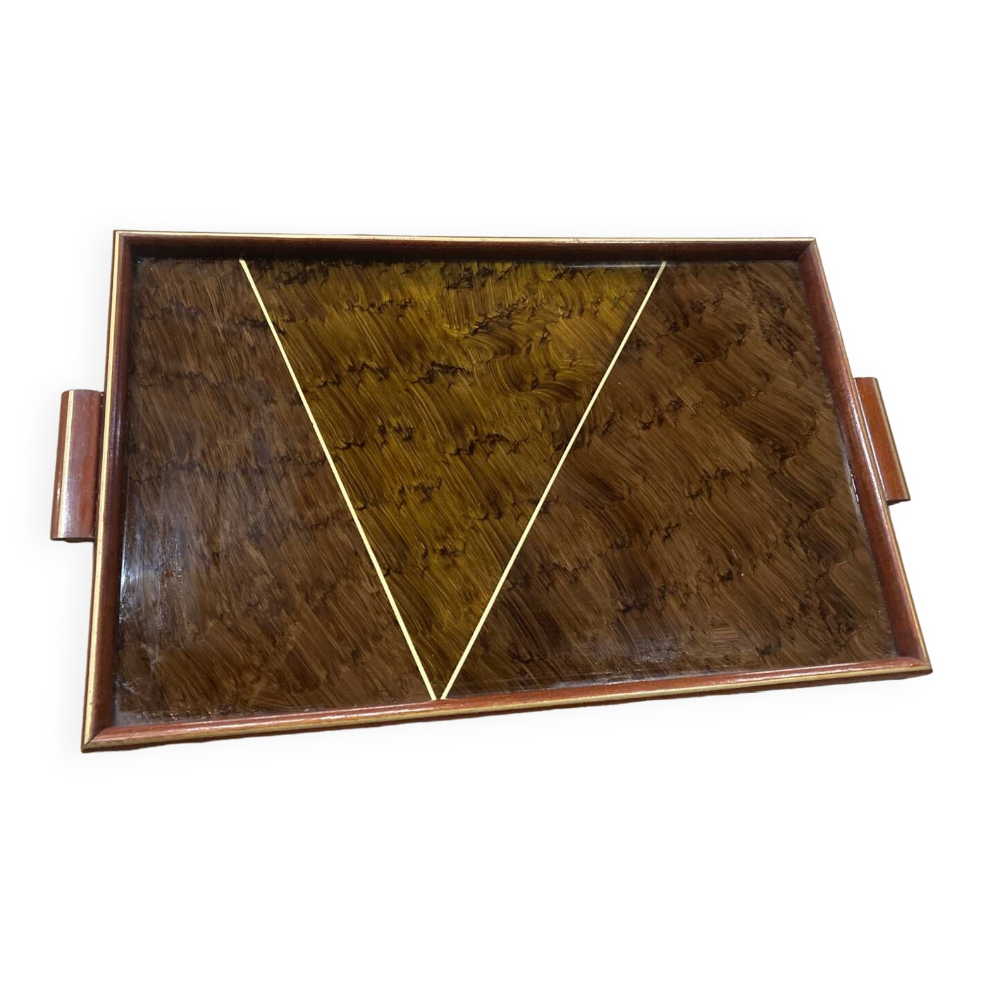 Rectangular art deco wood and glass tray