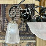 Art Deco chandelier in glass and wrought iron signed Muller Frères Luneville, 3 lights