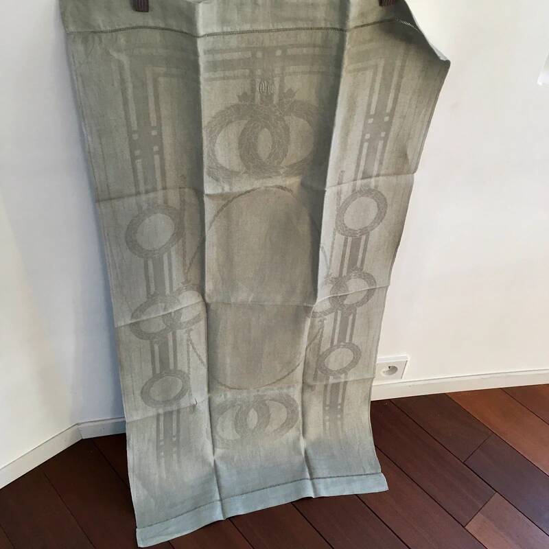 Old embroidered table centre Grey Green 55x111 cm