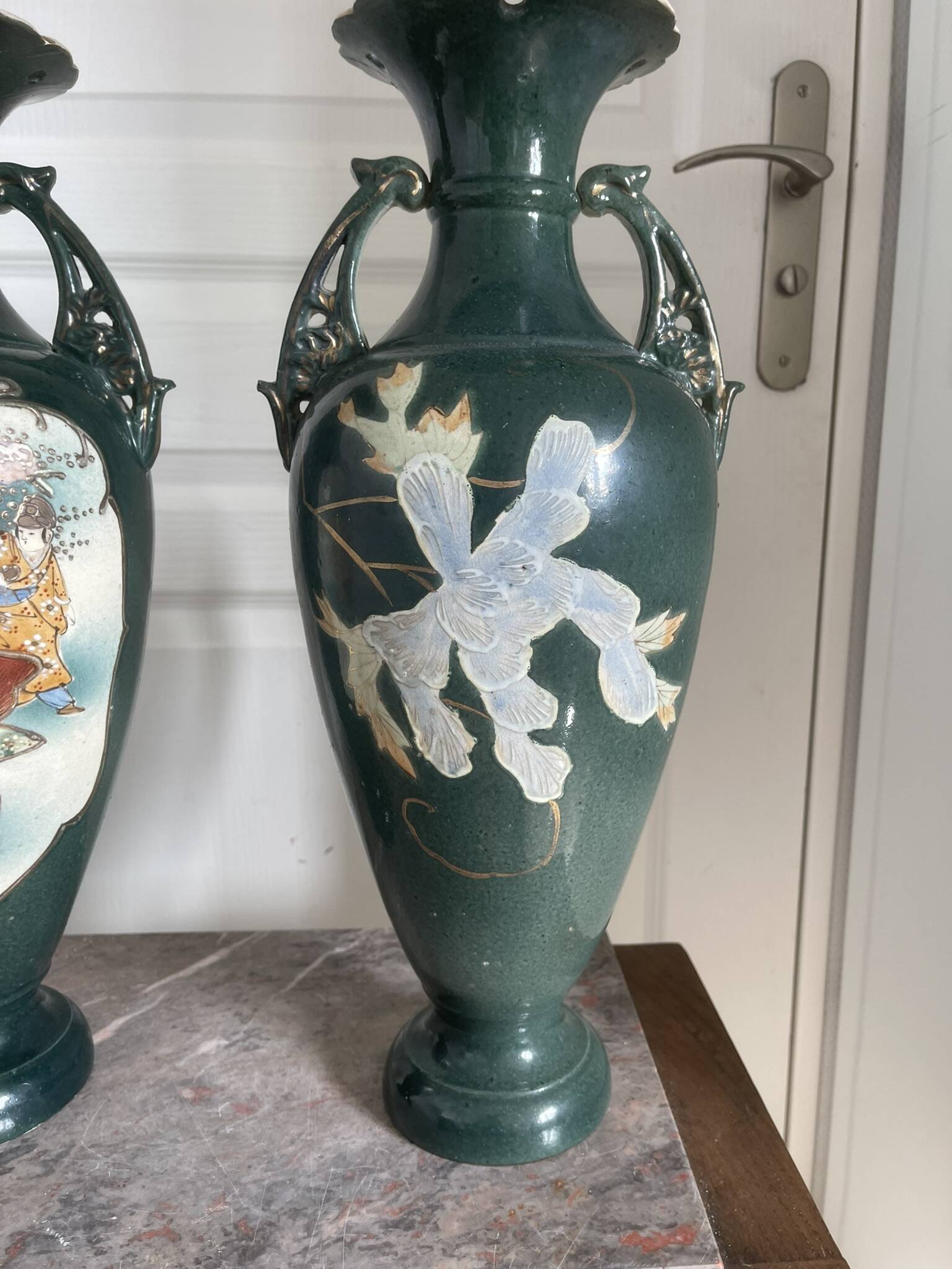 Antique Pair of Japanese Green Moriage Vases Baluster Amphora Flowers Restored