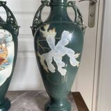 Antique Pair of Japanese Green Moriage Vases Baluster Amphora Flowers Restored