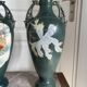 Antique Pair of Japanese Green Moriage Vases Baluster Amphora Flowers Restored