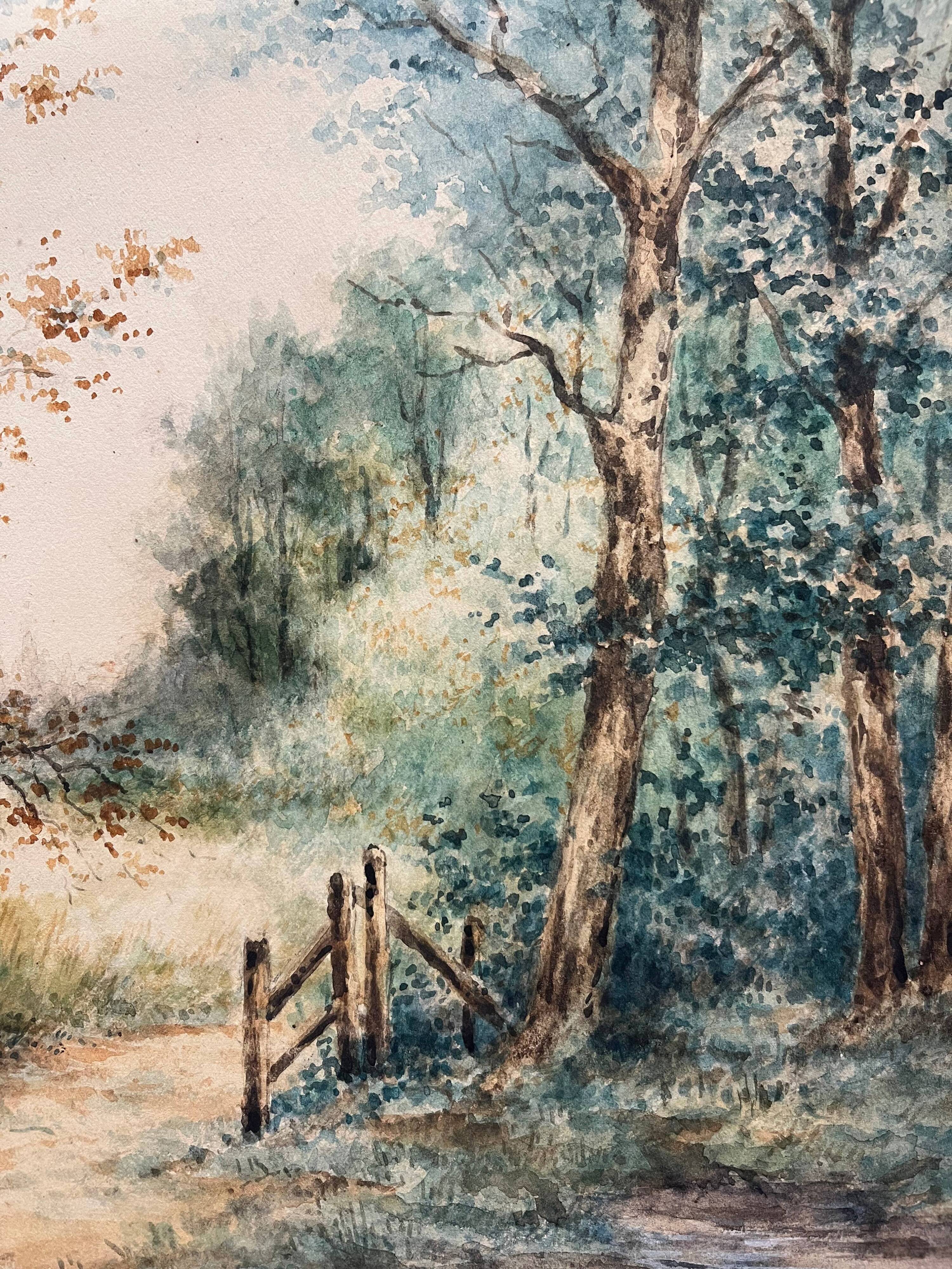 Watercolor painting by Eduard Heller (born in 1852) "Wooded Landscape in a Village"