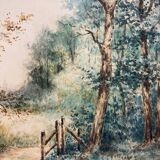 Watercolor painting by Eduard Heller (born in 1852) "Wooded Landscape in a Village"
