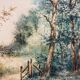 Watercolor painting by Eduard Heller (born in 1852) "Wooded Landscape in a Village"