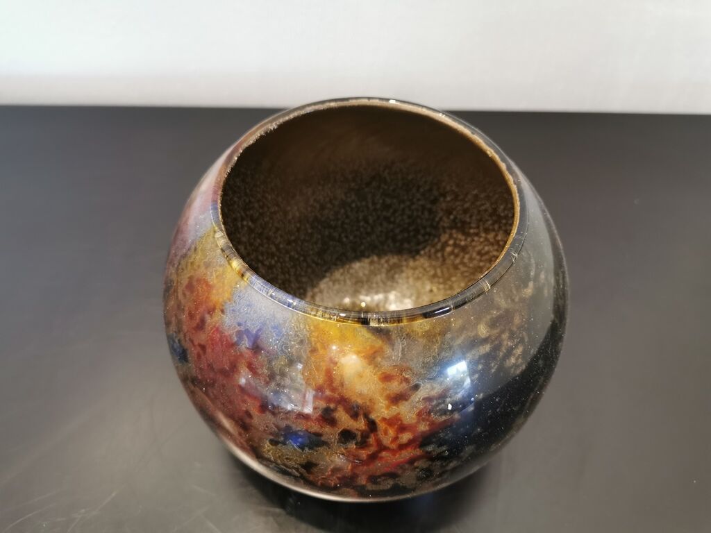 Glass ball vase signed Laque line