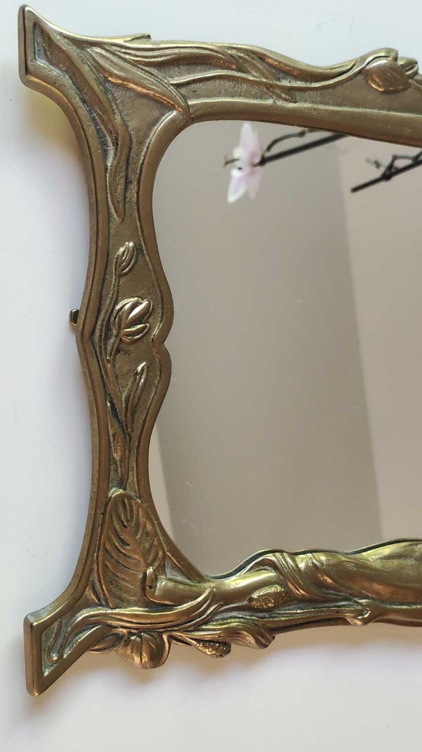 Brass table mirror, art nouveau, lady figurine/foliage, wheat ears