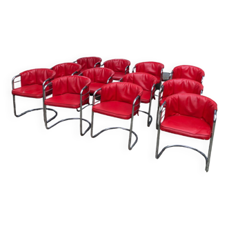 Lot de 12 fauteuils skaï rouge piétement chromé