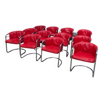Set of 12 red skai armchairs with chrome base