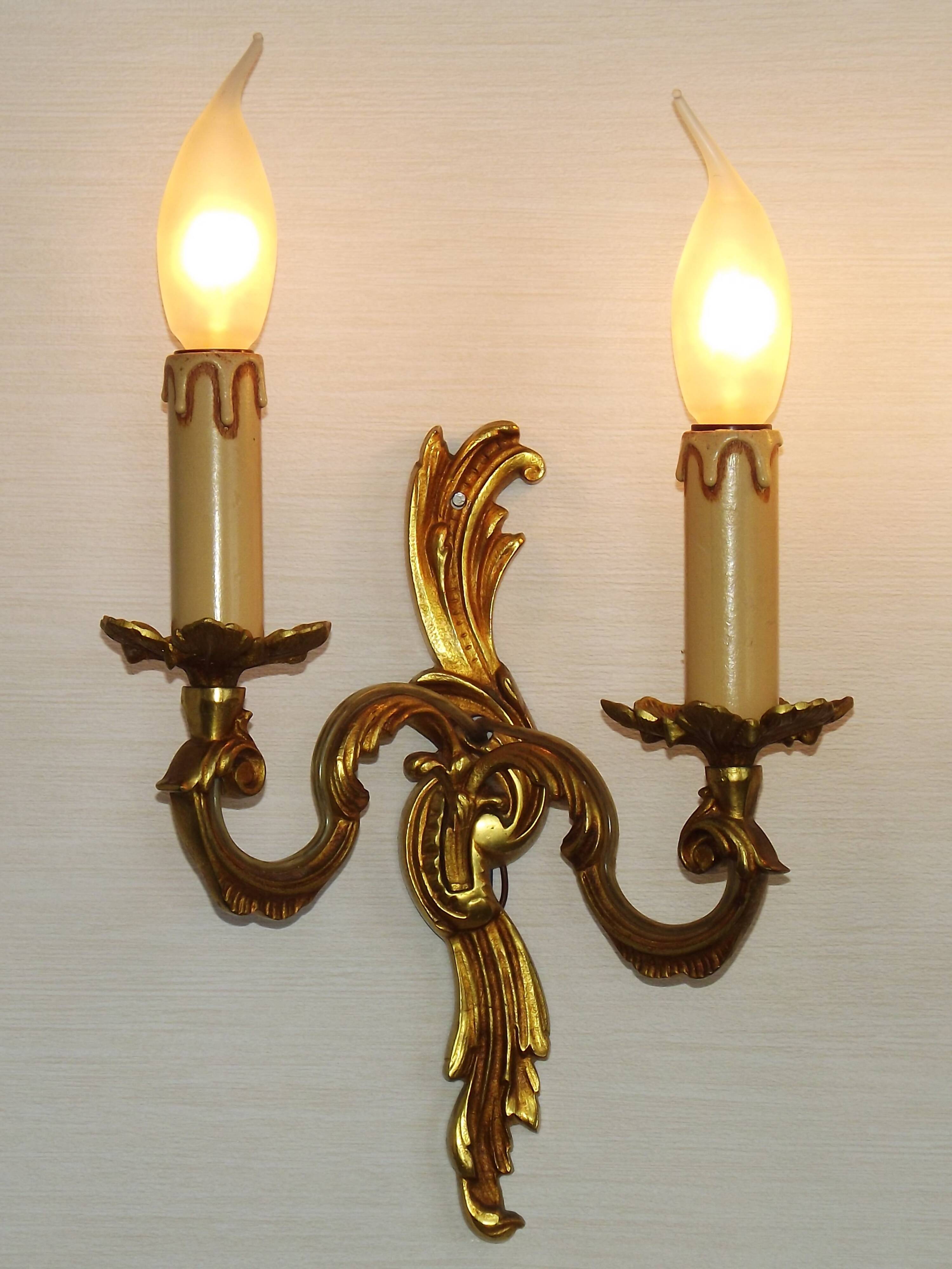 Stylish Vintage French Bronze Double Wall Sconces with Acanthus Leaf Detail