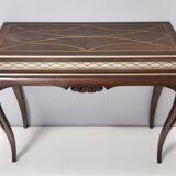 Vintage Rectangular Solid Walnut Console Table with Engraved Mirror Motif, Italy