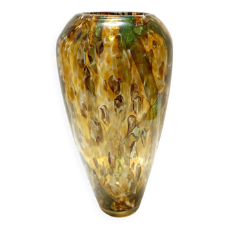 Grand vase en verre de Murano jaune et vert attribué à Fratelli Toso avec aventurine