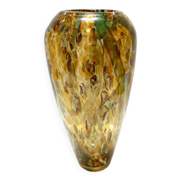 Large Yellow and Green Murano Glass Vase Fratelli Toso style with Aventurine