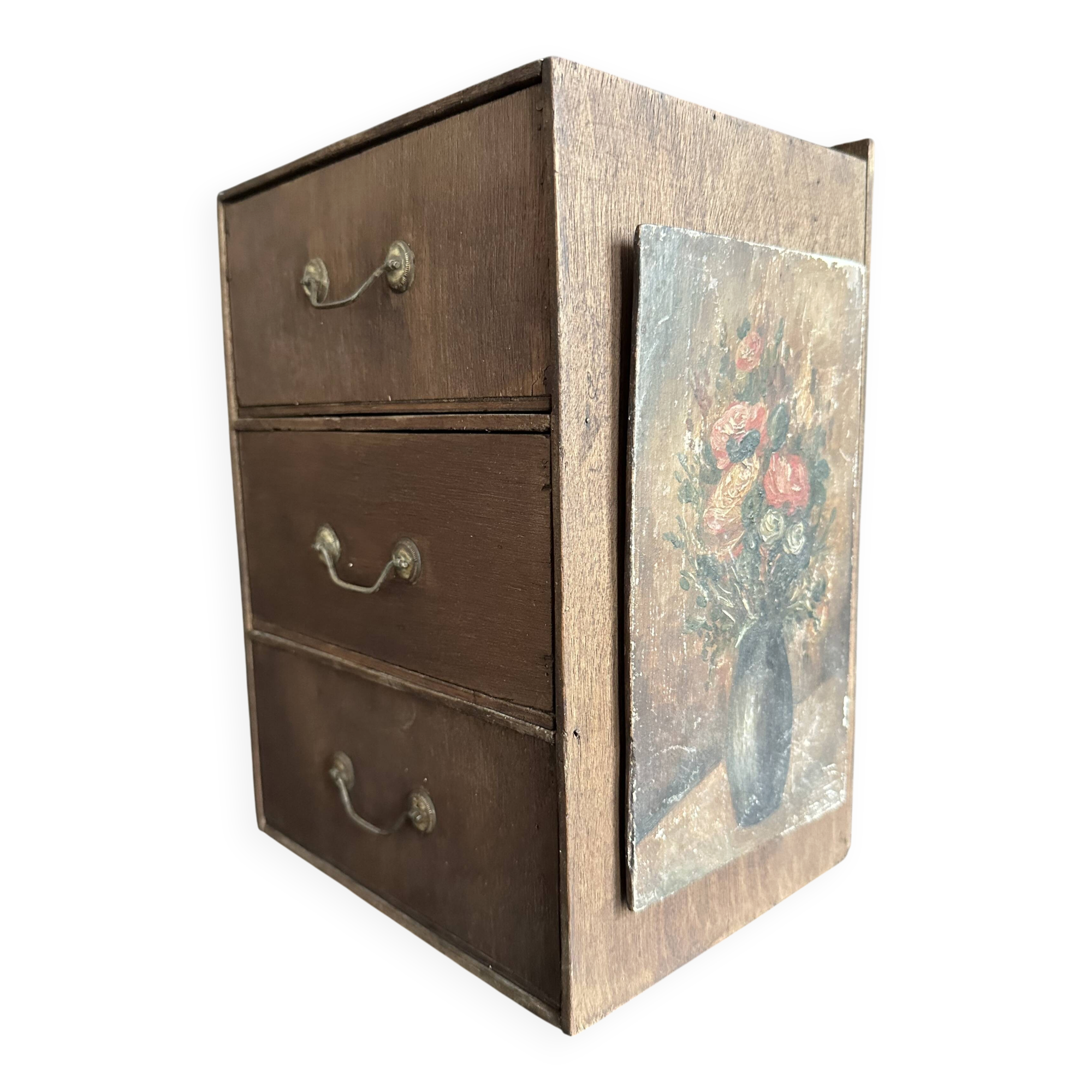 Small antique wooden drawer unit with floral painting, 1900.