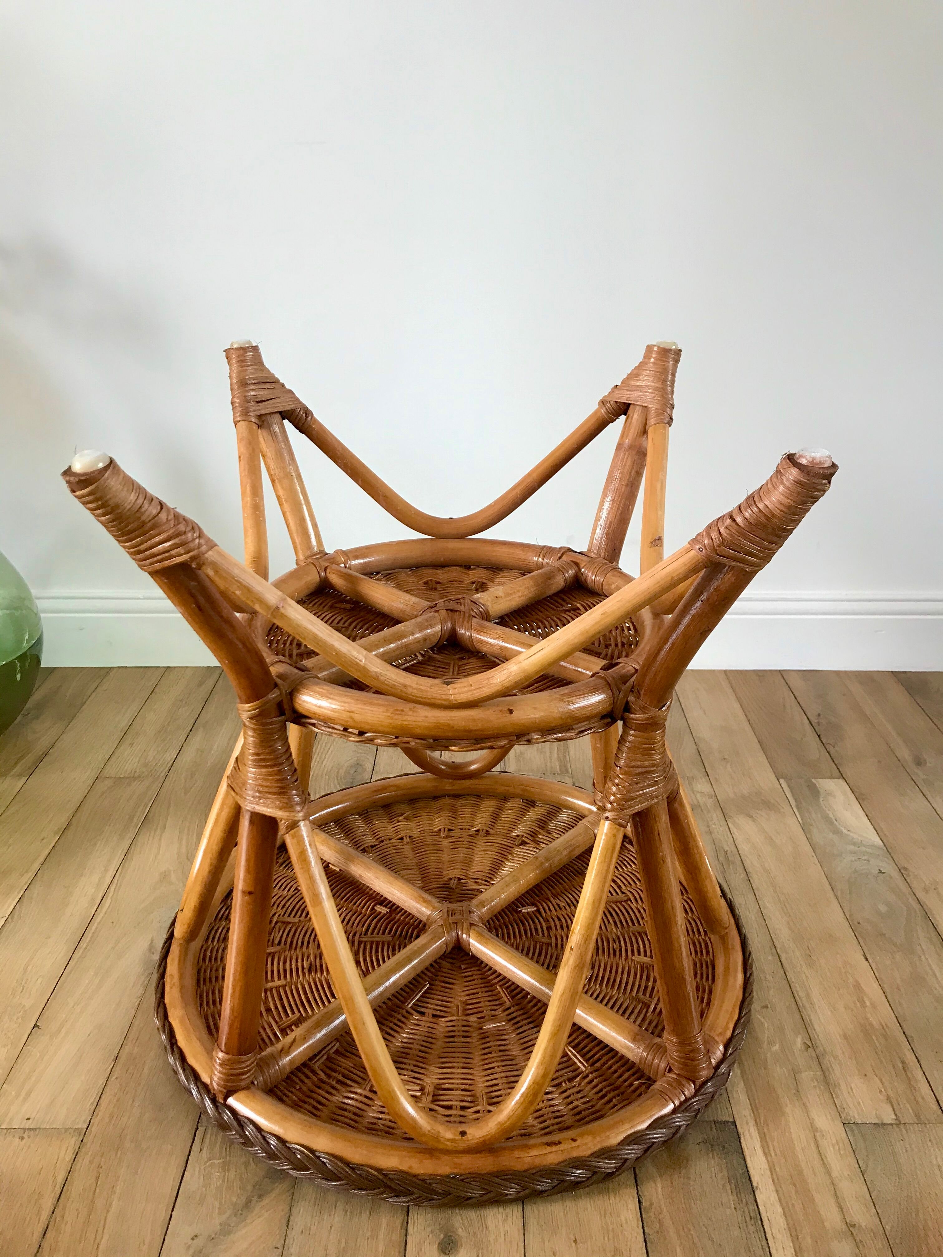 Round rattan coffee table double floor 60s