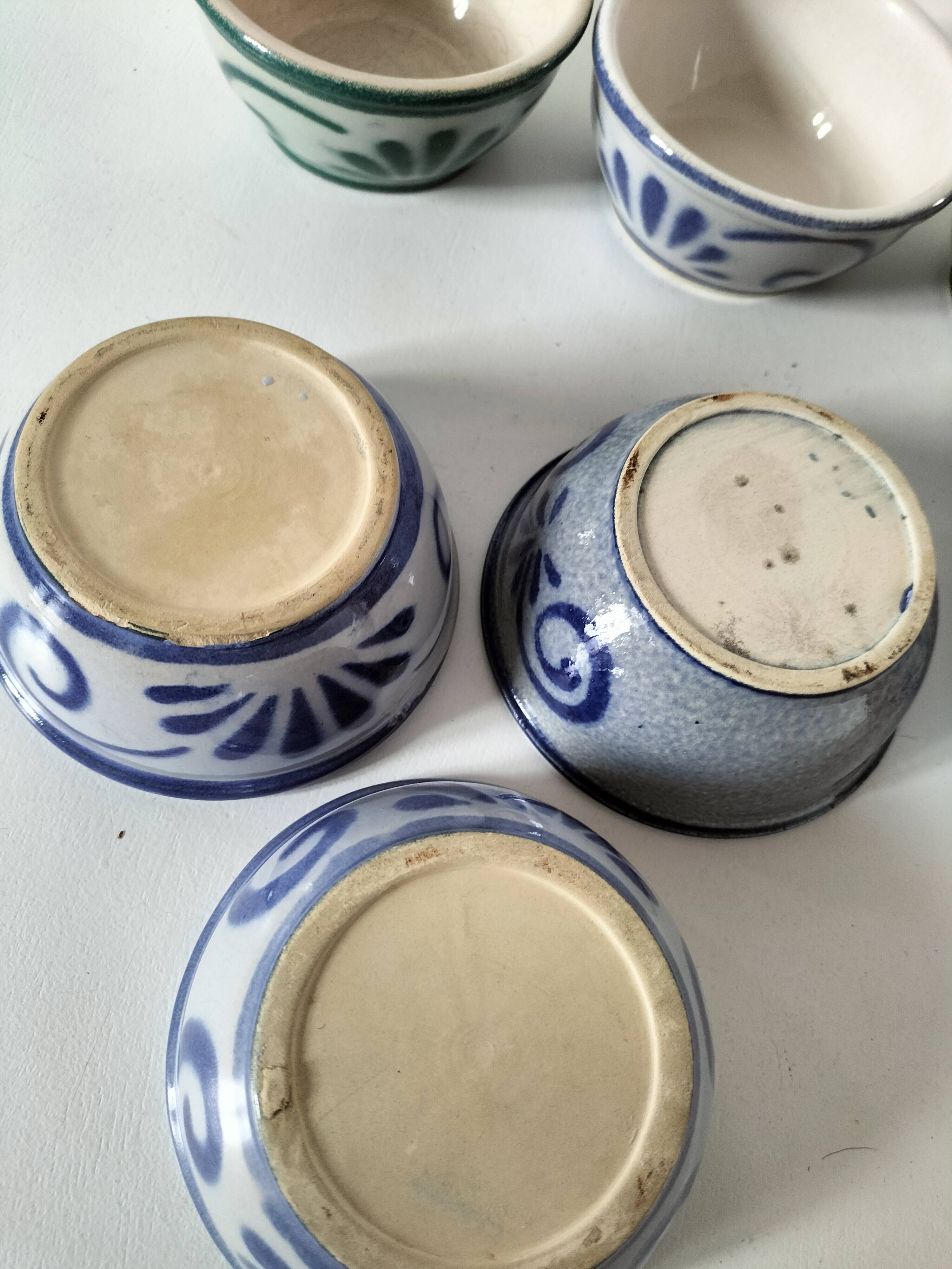 7 stoneware bowls with blue and green ocean-inspired decoration