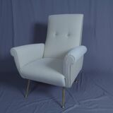 Pair of low armchairs in brass and textile. Italy 1950s