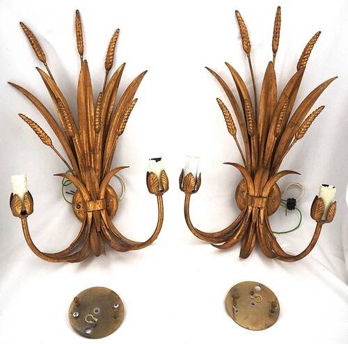 Beautiful pair of wall lights, gold metal, wheat ears, vintage, 48 cm, excellent condition.