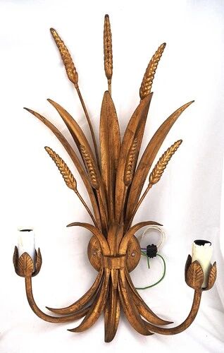 Beautiful pair of wall lights, gold metal, wheat ears, vintage, 48 cm, excellent condition.