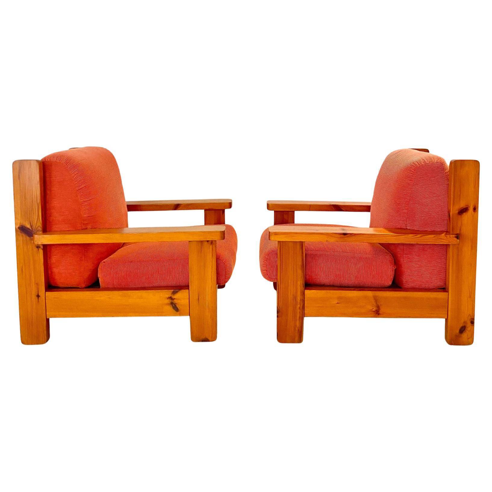 Mid Century Modern Vintage Wood and Red Velvet Armchairs, set of two, Italy 1970