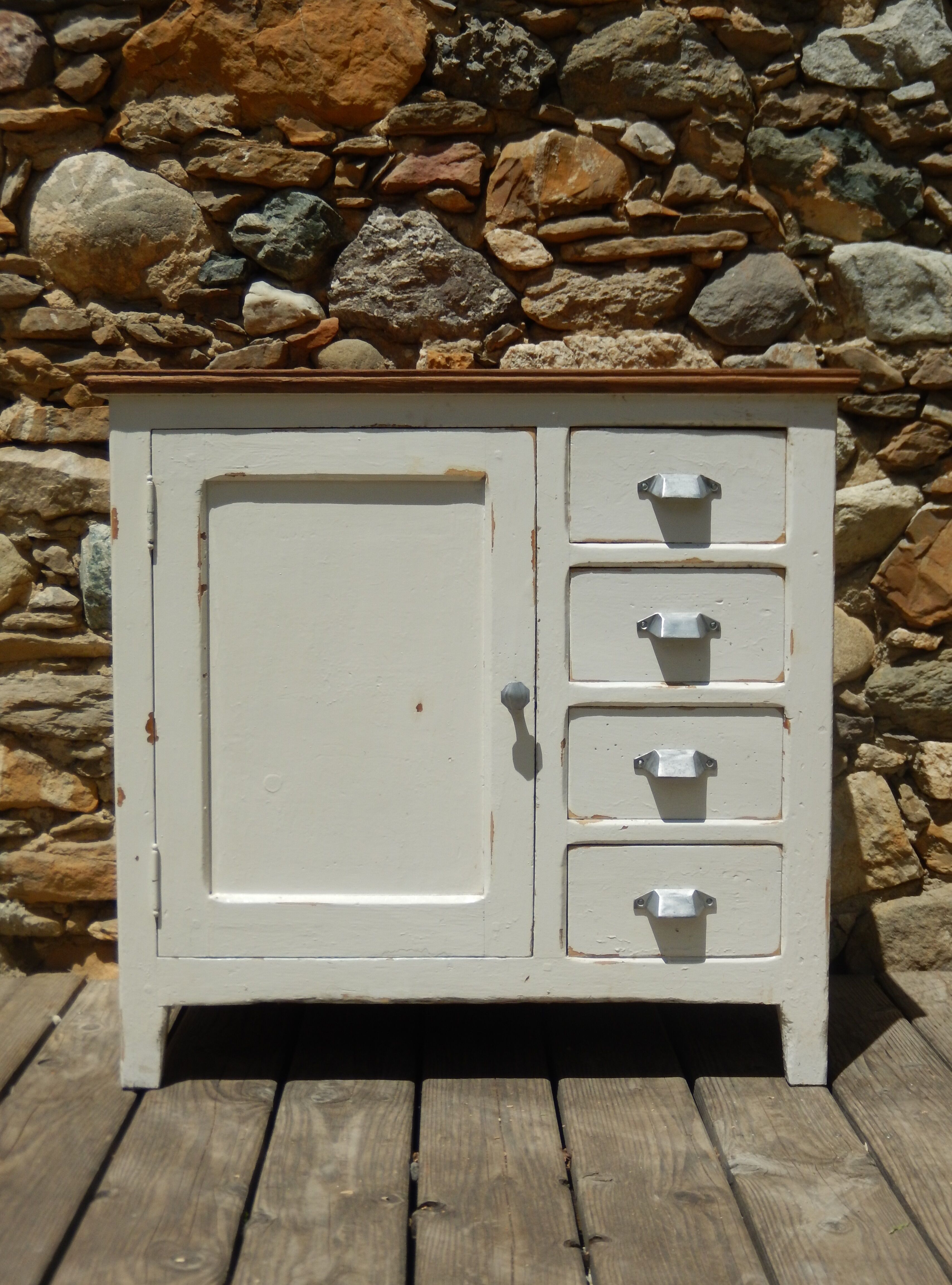 Antique sideboard / charming solid pine workshop furniture with a patina.